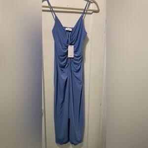 Dusty Blue Ruched Midi Dress with Adjustable Tie